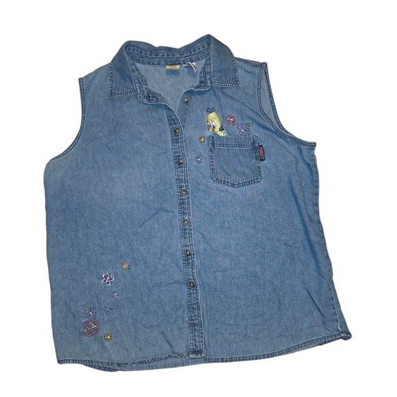Vtg Tweety Bird Embroidered Denim Shirt Sleeveless Size 18/20W Looney Tunes - Picture 1 of 7